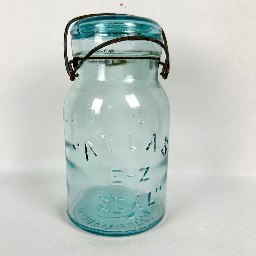 Vintage Atlas E-Z Seal Blue Canning Jar Wire Bail Glass Lid Quart Size